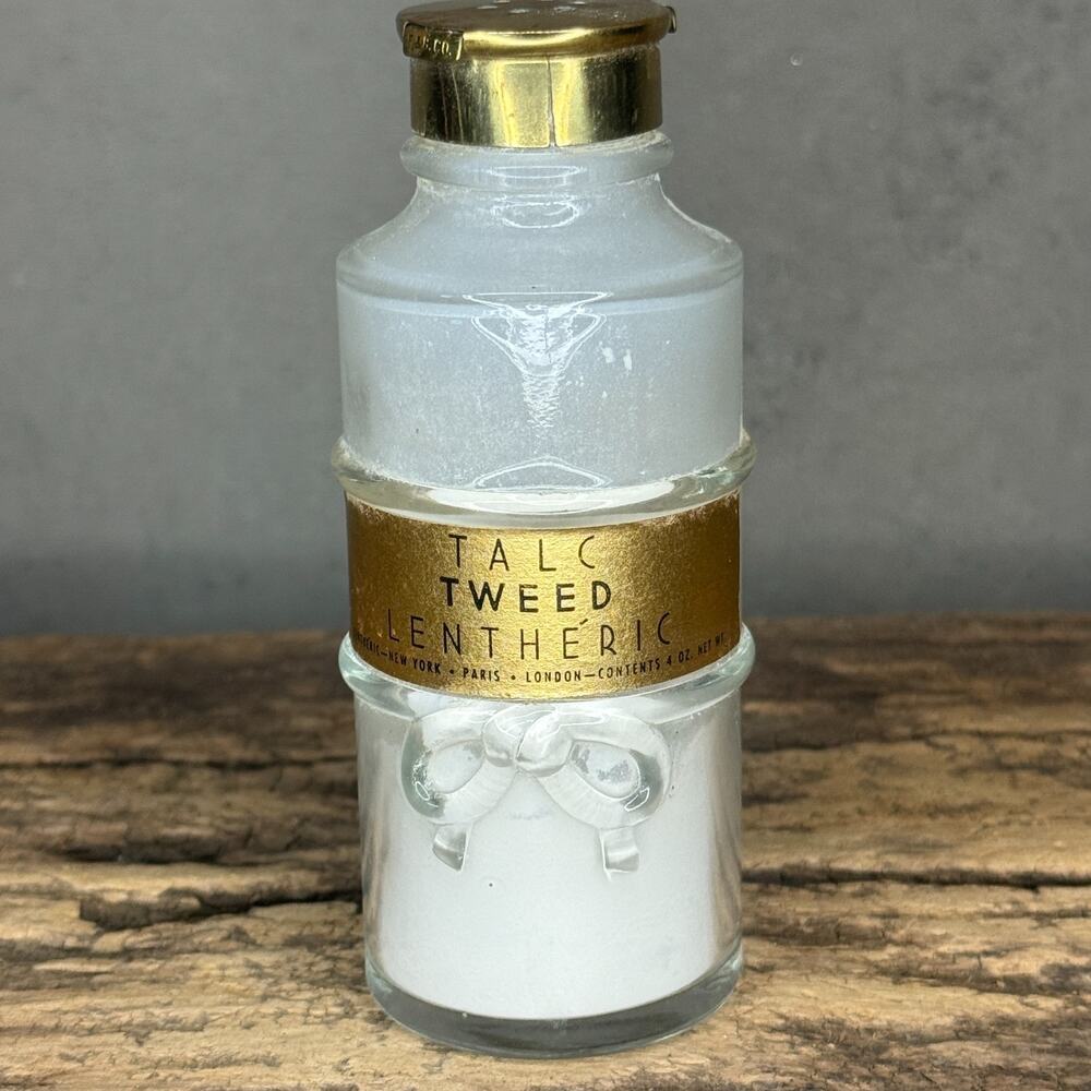 1940-50s Lentheric Tweed Perfumed Talc Bottle ~50% Full Metal Gold Cap Bow Glass